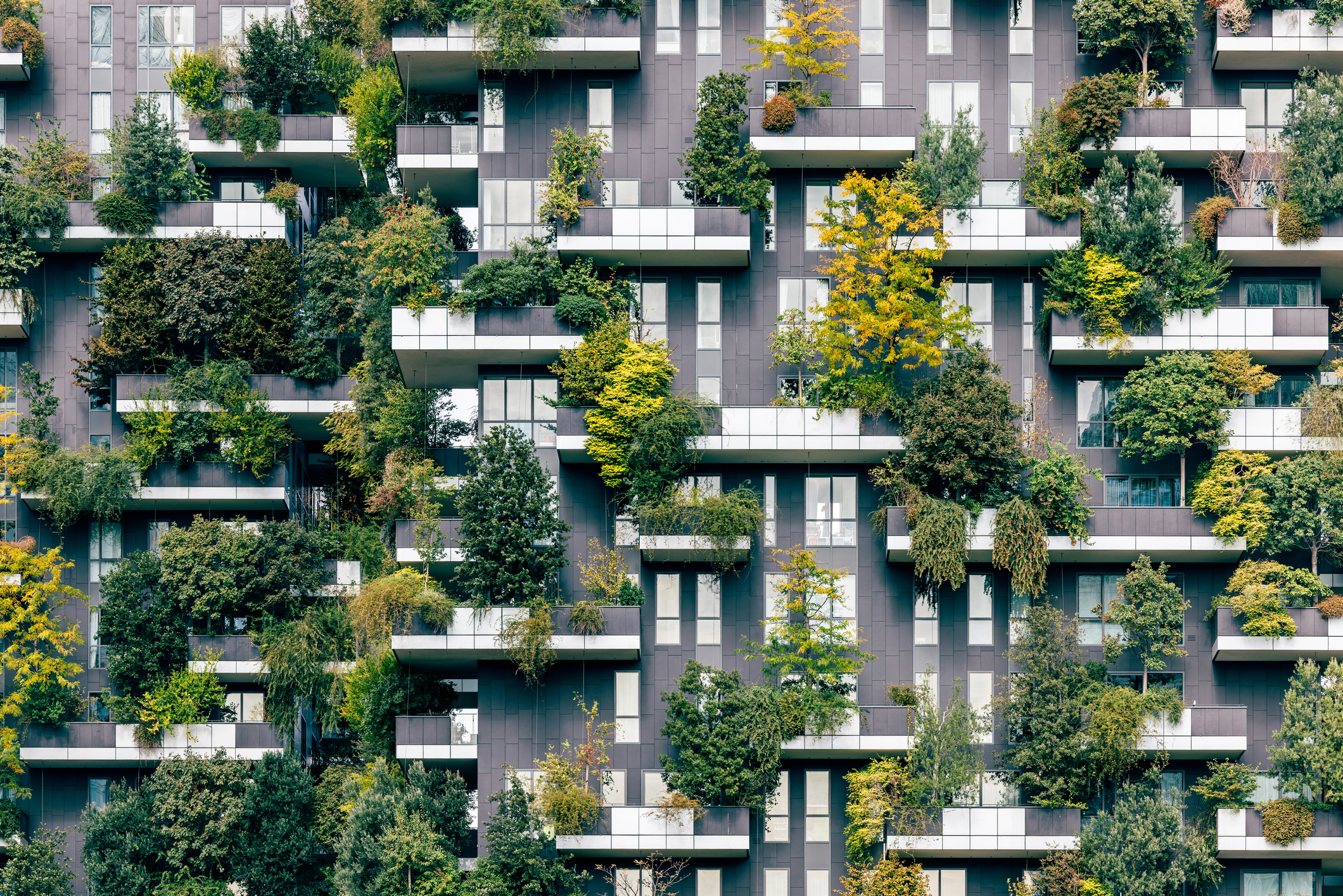 Green plants and trees growing on Bosco Verticale residential apartment building balconies, Milan, Italy